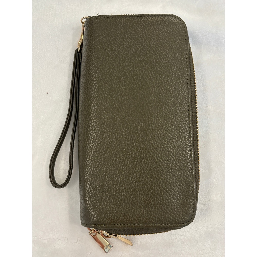 A New Day Olive Green Pebbled Wristlet Wallet Double Zip Accordion Clutch Gold